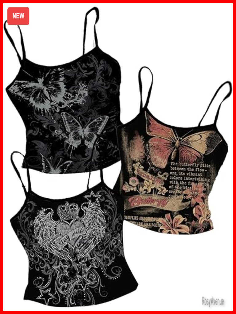 3 Pack Gothic Butterfly Print Cami Tops Spaghetti Strap Fitted Y2k Summer